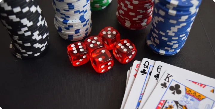 Blackjack Table Chips, Dice and Cards